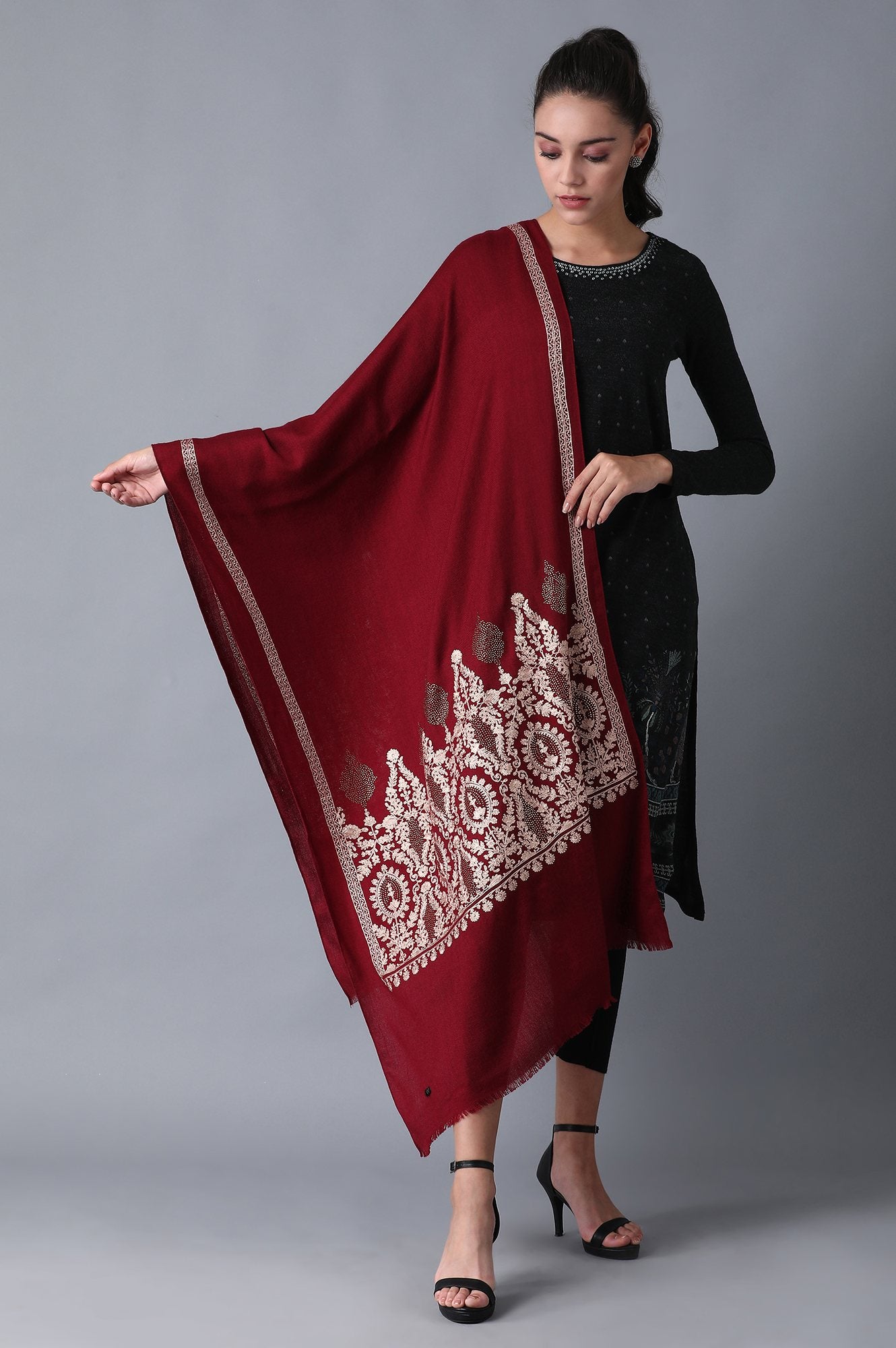 Red Aari Embroidered Shawl