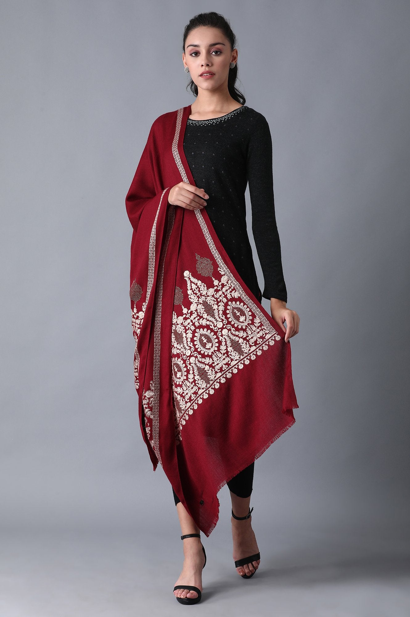 Red Aari Embroidered Shawl