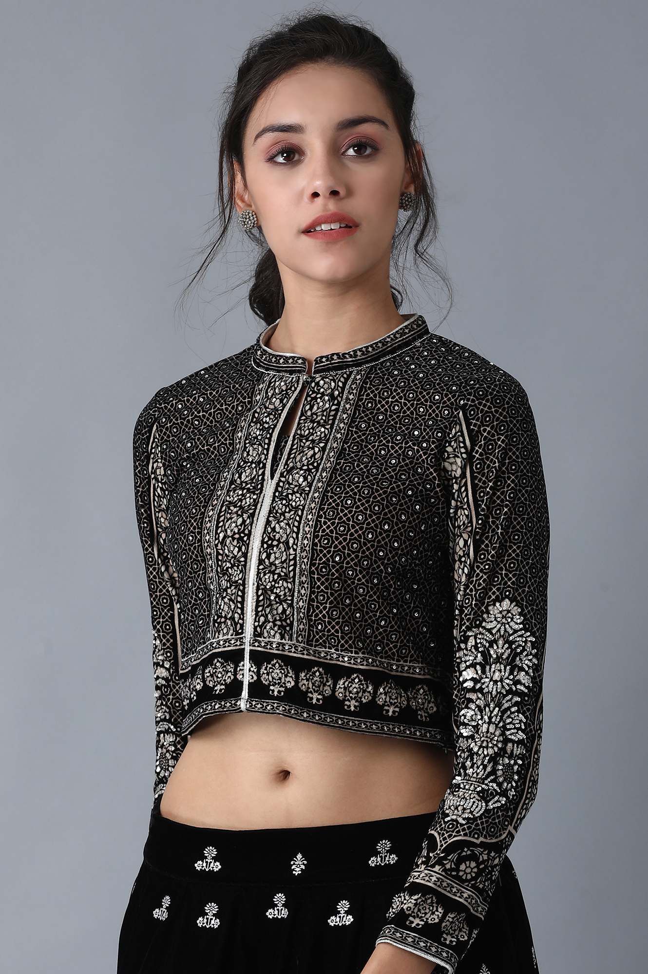 Black Mandarin Neck Winter Crop Top Set