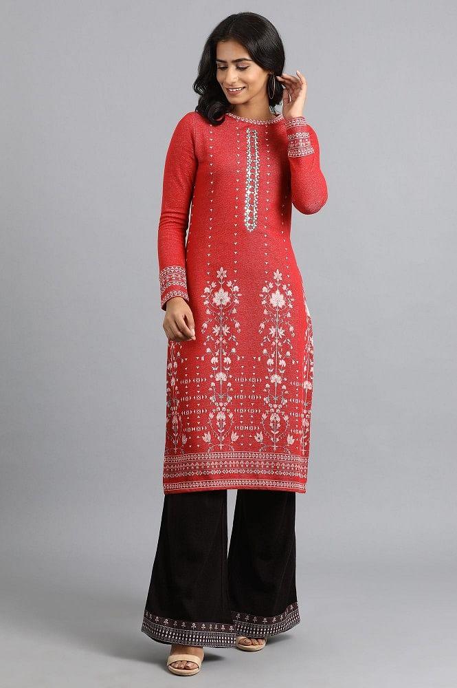 Red Round Neck Yarn-dyed Winter kurta - wforwoman