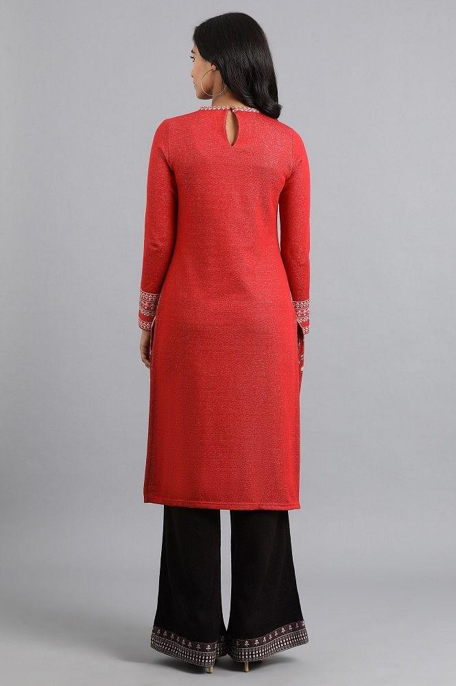 Red Round Neck Yarn-dyed Winter kurta - wforwoman