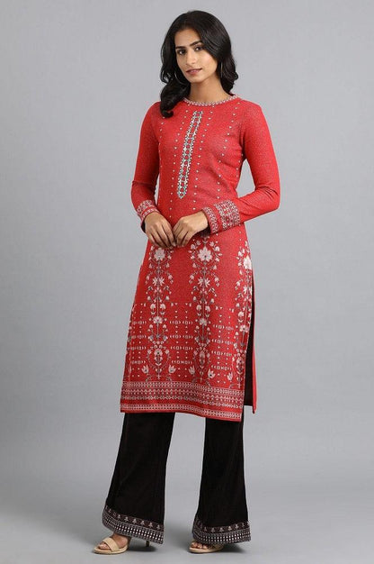 Red Round Neck Yarn-dyed Winter kurta - wforwoman