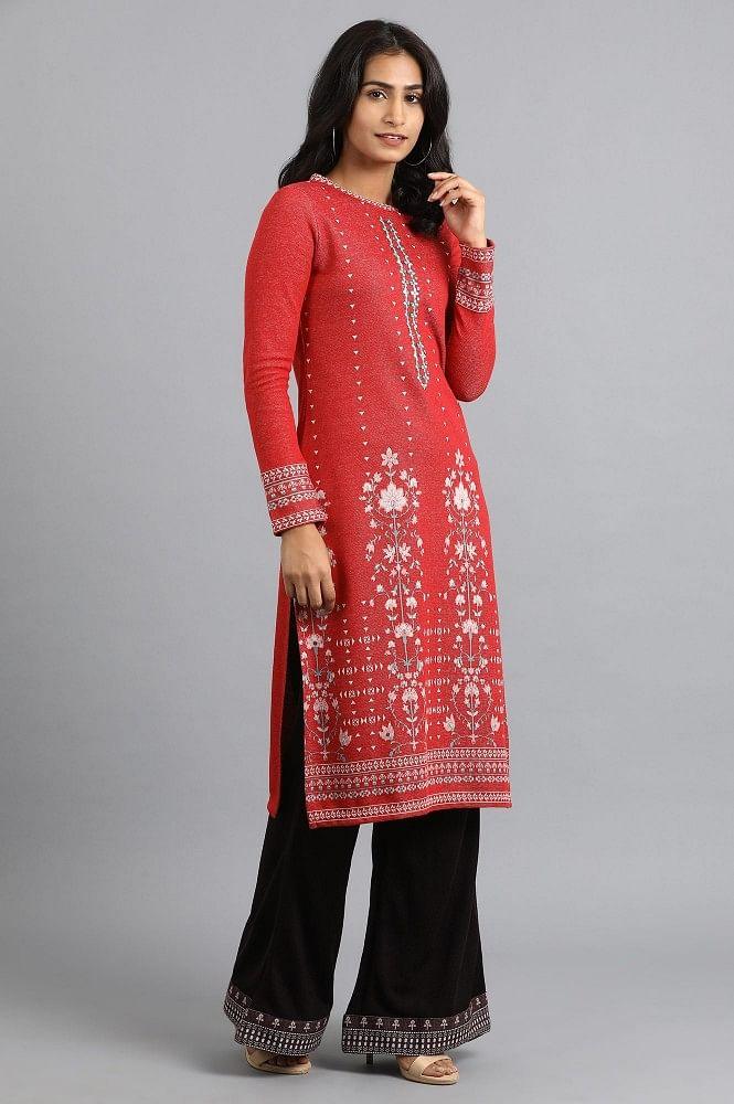 Red Round Neck Yarn-dyed Winter kurta - wforwoman