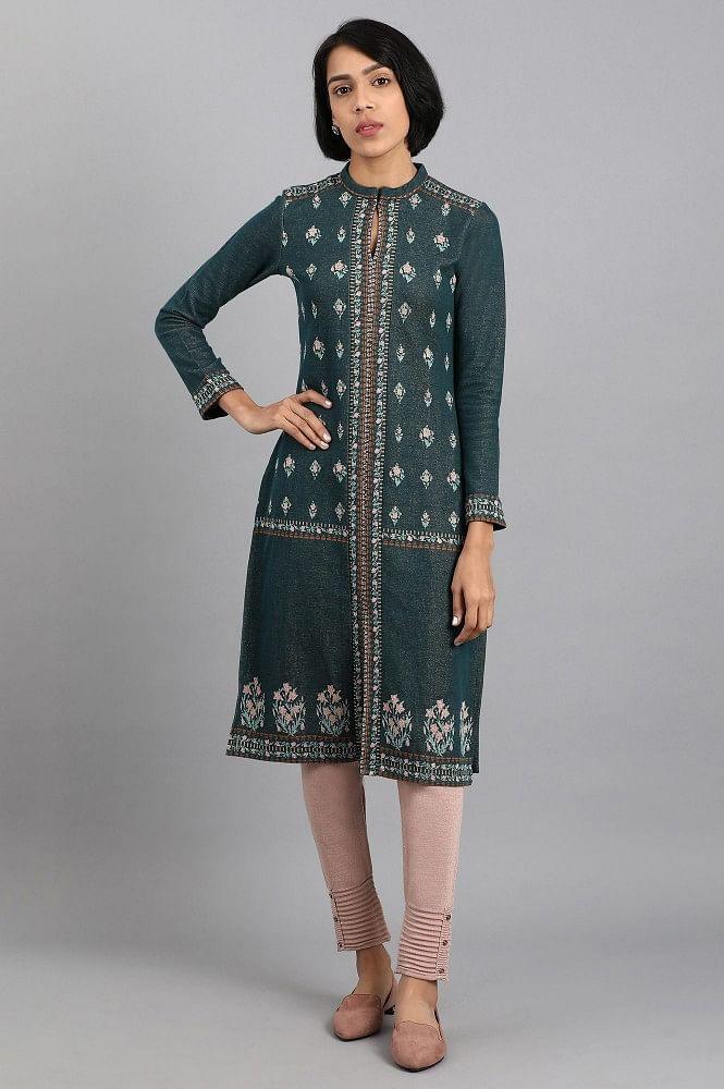 Teal Mandarin Neck Winter kurta - wforwoman