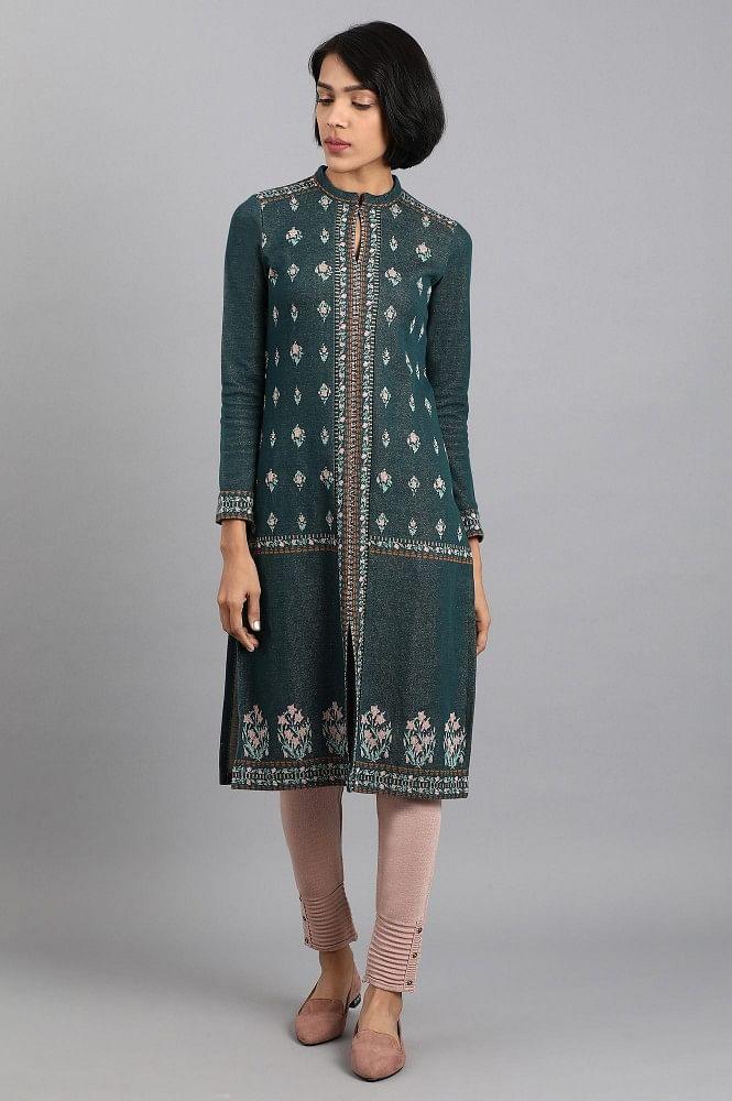 Teal Mandarin Neck Winter kurta - wforwoman