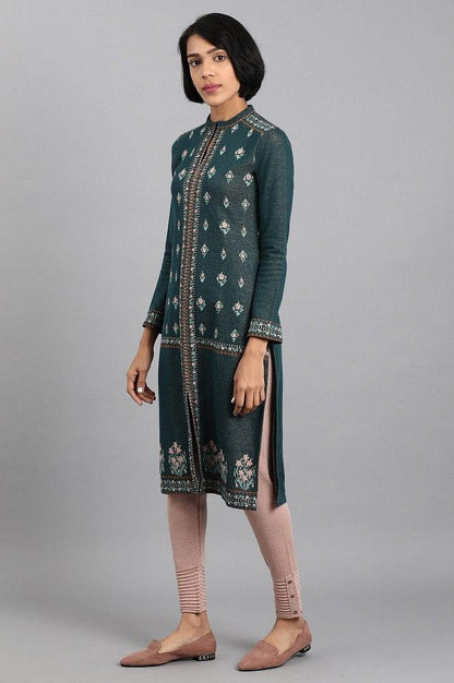 Teal Mandarin Neck Winter kurta - wforwoman