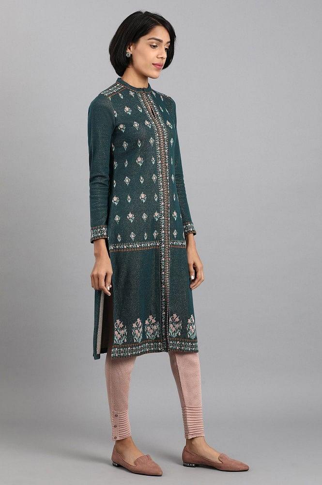 Teal Mandarin Neck Winter kurta - wforwoman