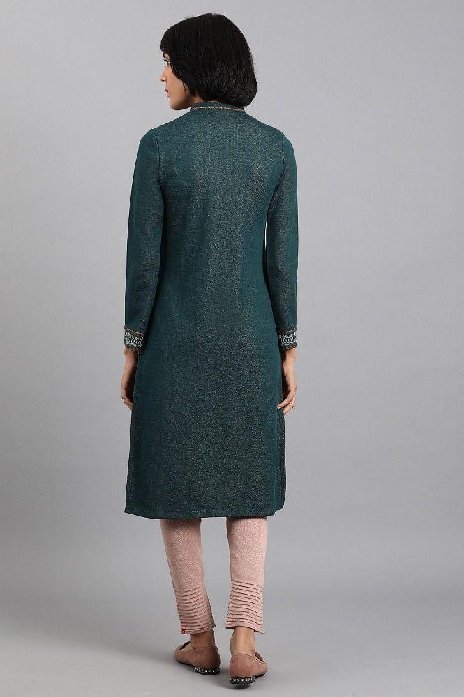 Teal Mandarin Neck Winter kurta - wforwoman