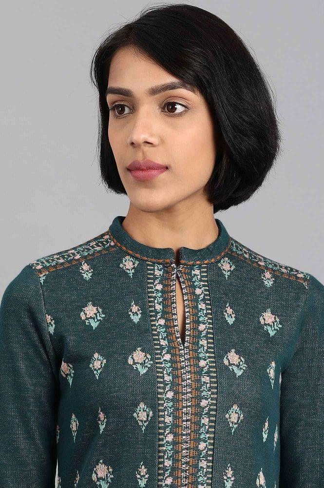 Teal Mandarin Neck Winter kurta - wforwoman