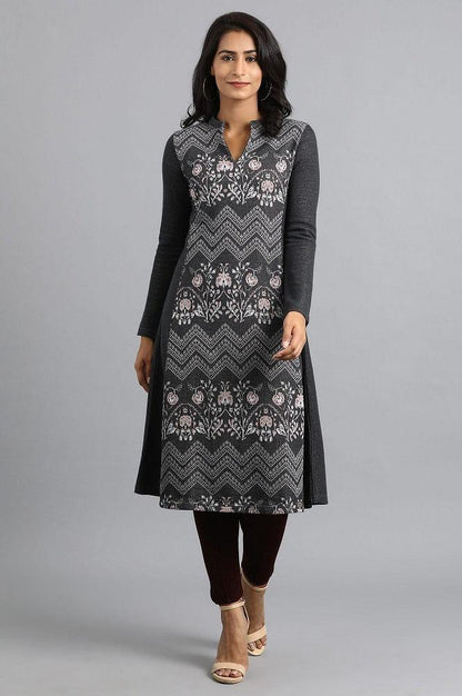 Grey Mandarin Neck Yarn-dyed Winter kurta - wforwoman