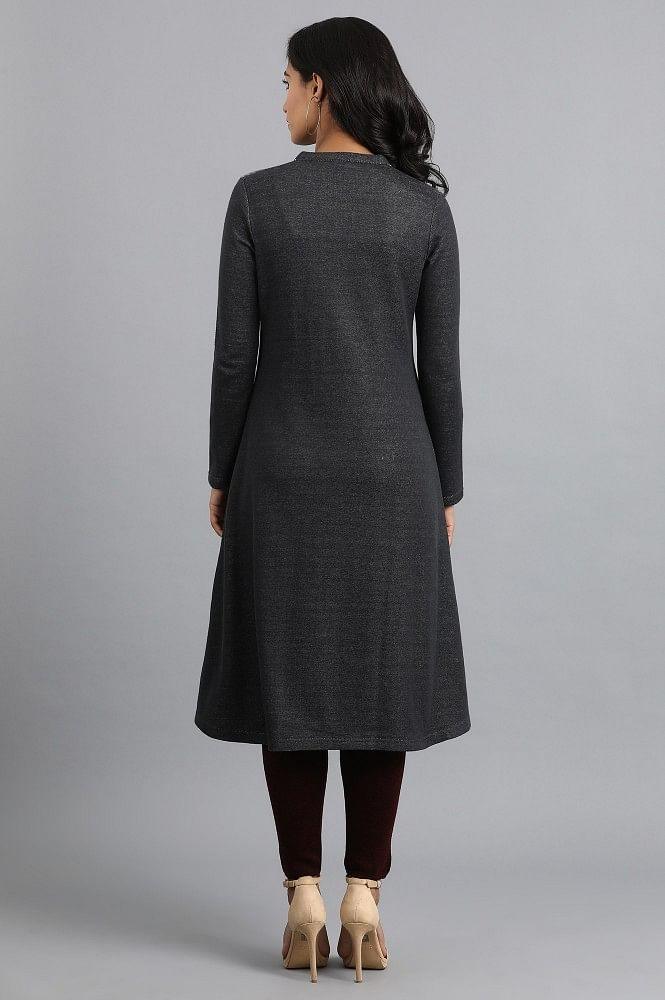 Grey Mandarin Neck Yarn-dyed Winter kurta - wforwoman