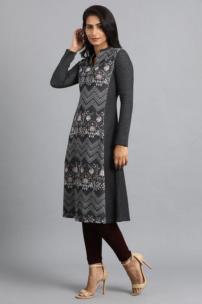 Grey Mandarin Neck Yarn-dyed Winter kurta - wforwoman