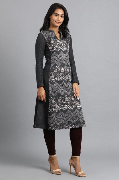 Grey Mandarin Neck Yarn-dyed Winter kurta - wforwoman