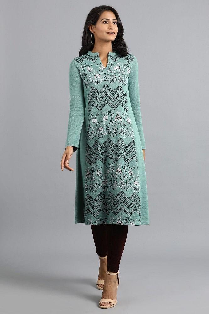 Green Mandarin Neck Winter kurta - wforwoman