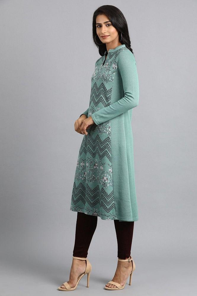 Green Mandarin Neck Winter kurta - wforwoman