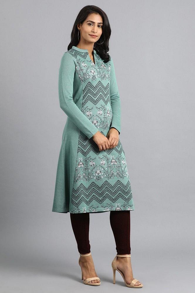 Green Mandarin Neck Winter kurta - wforwoman