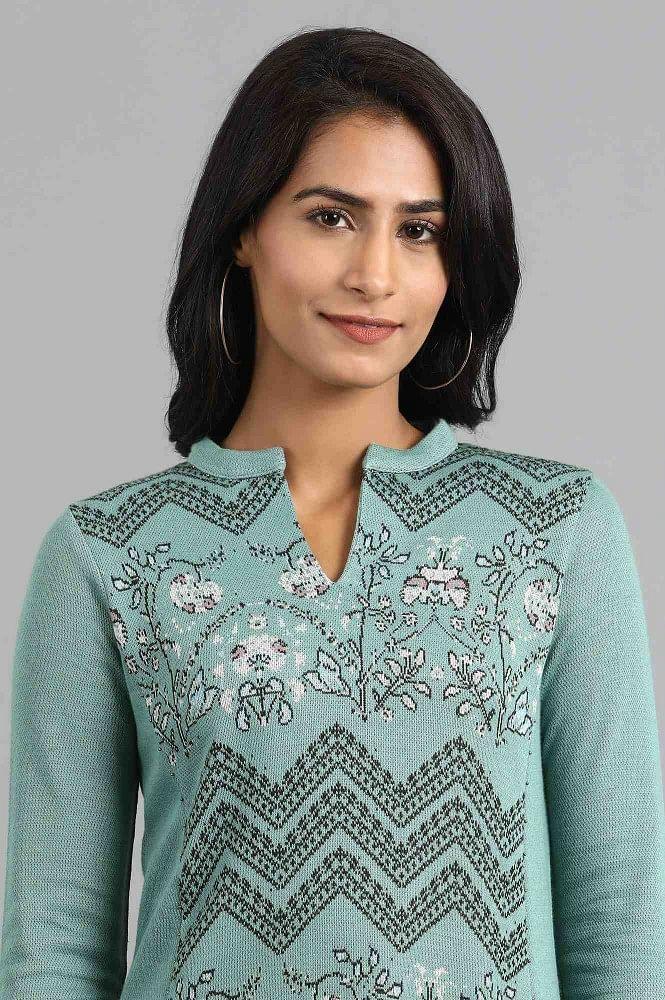 Green Mandarin Neck Winter kurta - wforwoman