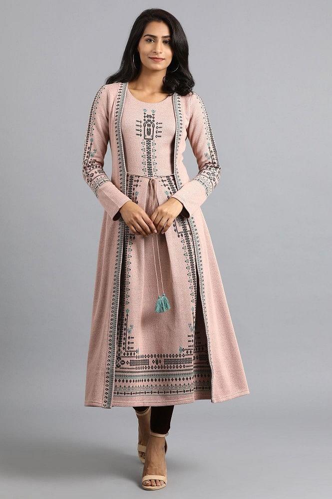 Pink Round Neck Winter kurta - wforwoman