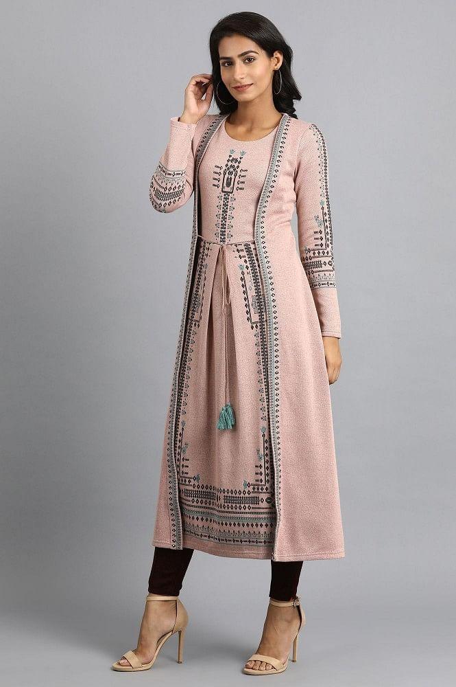 Pink Round Neck Winter kurta - wforwoman