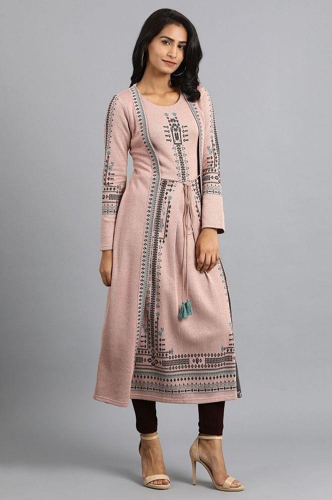 Pink Round Neck Winter kurta - wforwoman