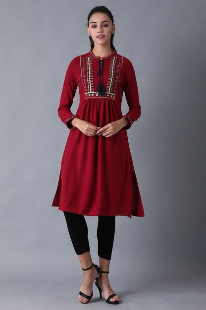 Red Mandarin Neck Winter kurta - wforwoman