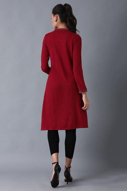 Red Mandarin Neck Winter kurta - wforwoman