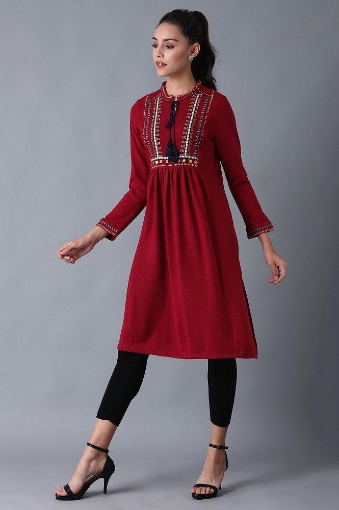 Red Mandarin Neck Winter kurta - wforwoman