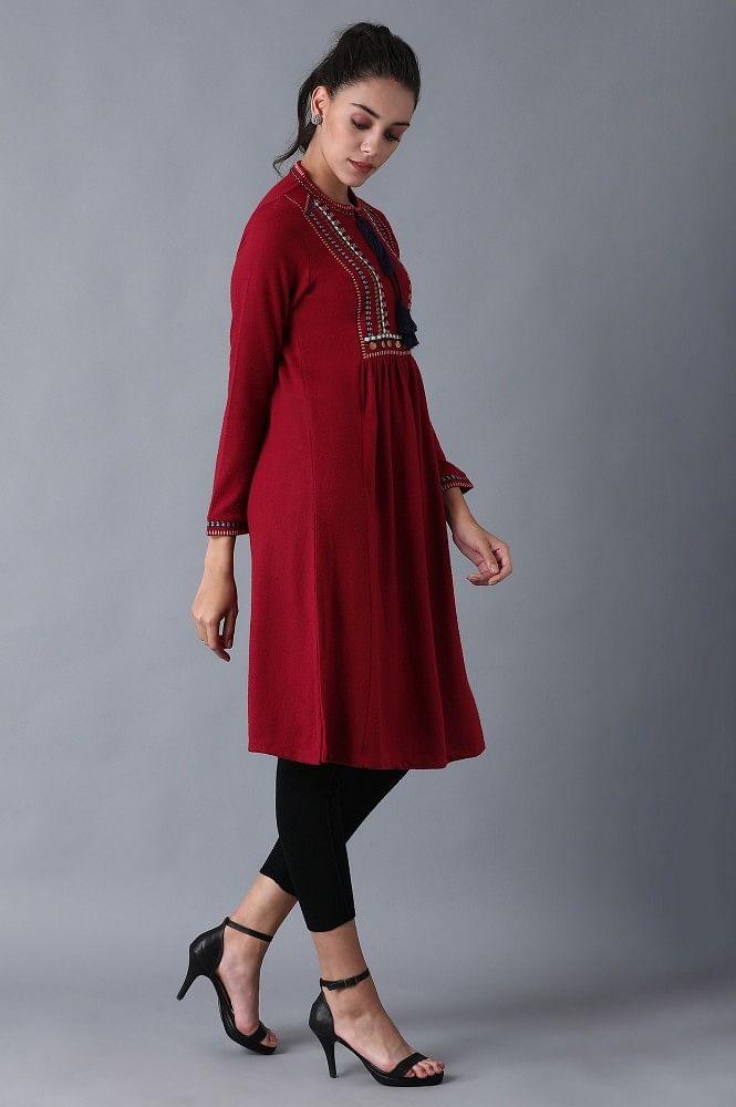 Red Mandarin Neck Winter kurta - wforwoman