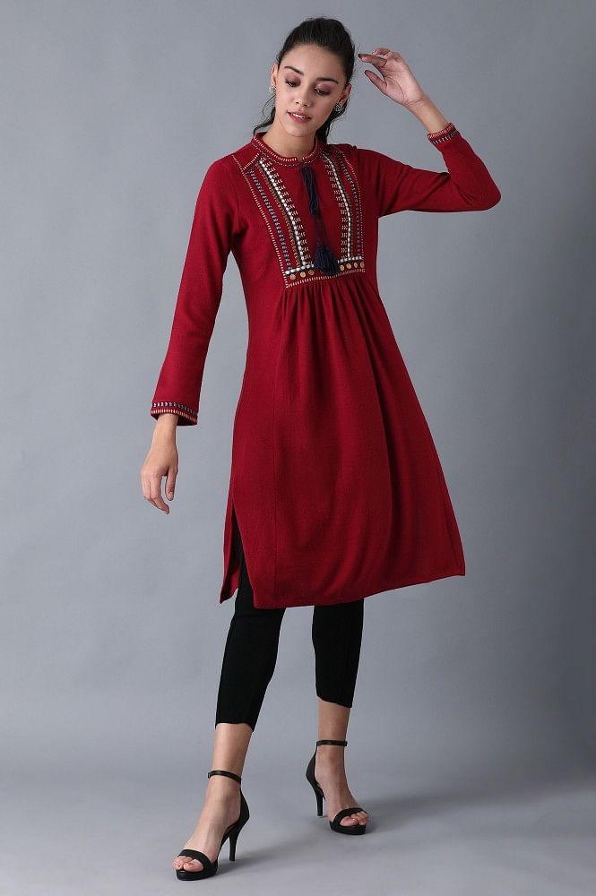 Red Mandarin Neck Winter kurta - wforwoman