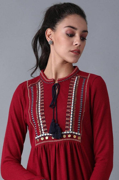 Red Mandarin Neck Winter kurta - wforwoman