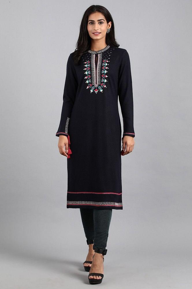 Navy Blue Mandarin Neck Winter kurta - wforwoman