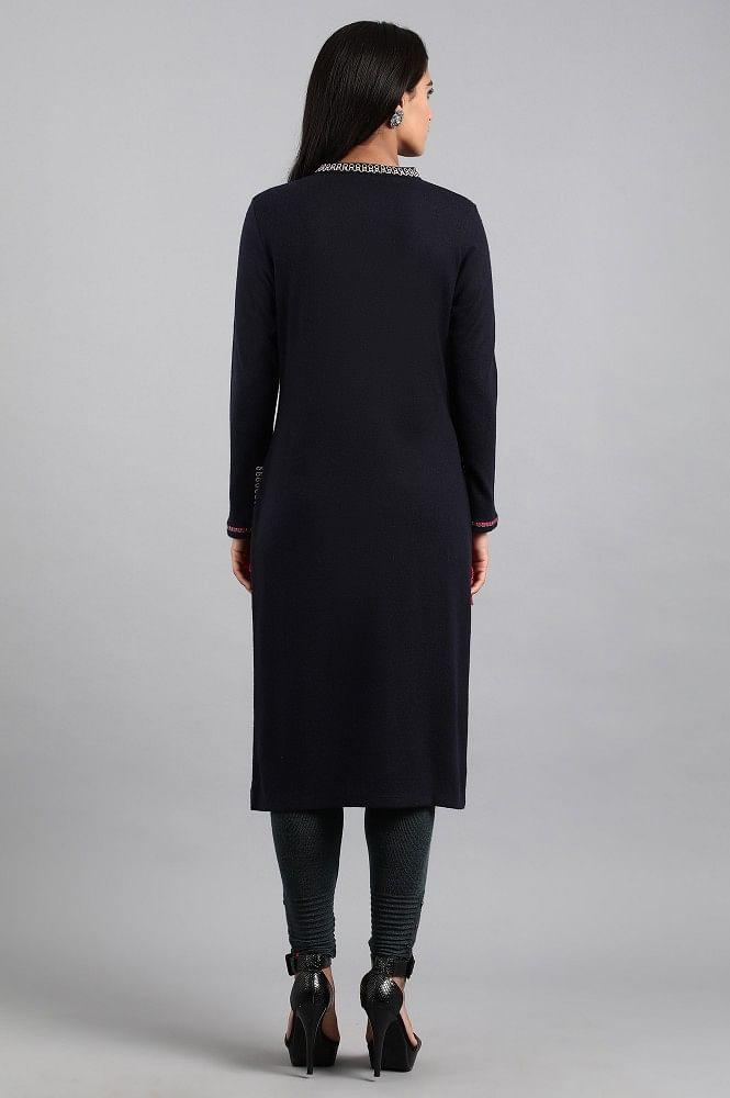 Navy Blue Mandarin Neck Winter kurta - wforwoman