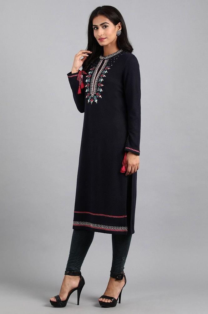 Navy Blue Mandarin Neck Winter kurta - wforwoman