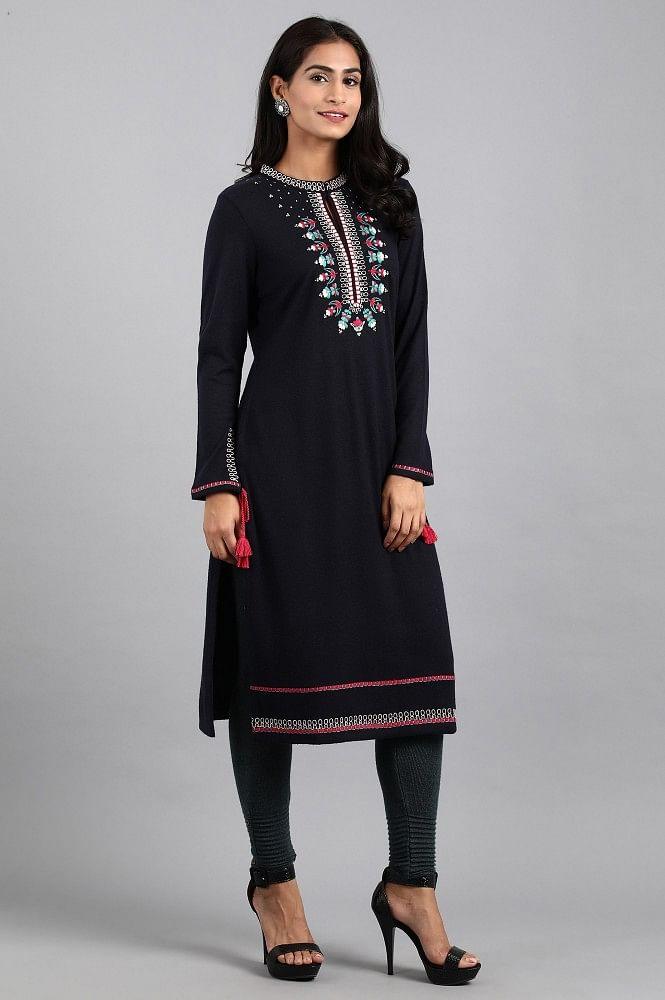 Navy Blue Mandarin Neck Winter kurta - wforwoman