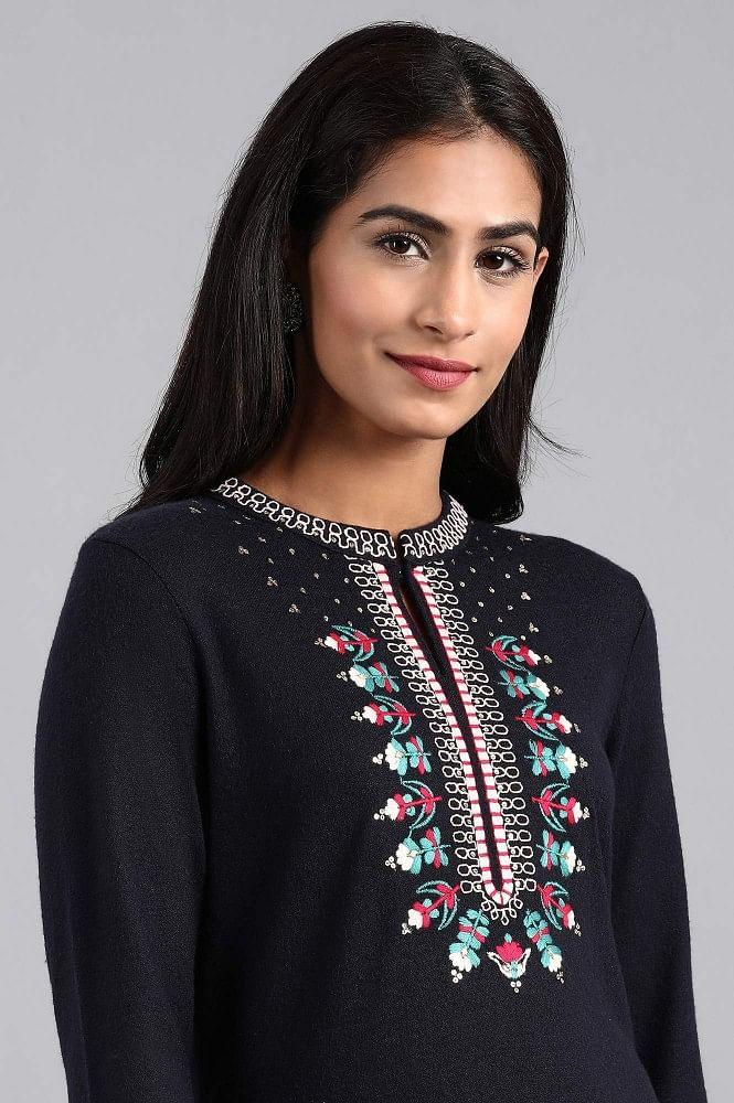 Navy Blue Mandarin Neck Winter kurta - wforwoman