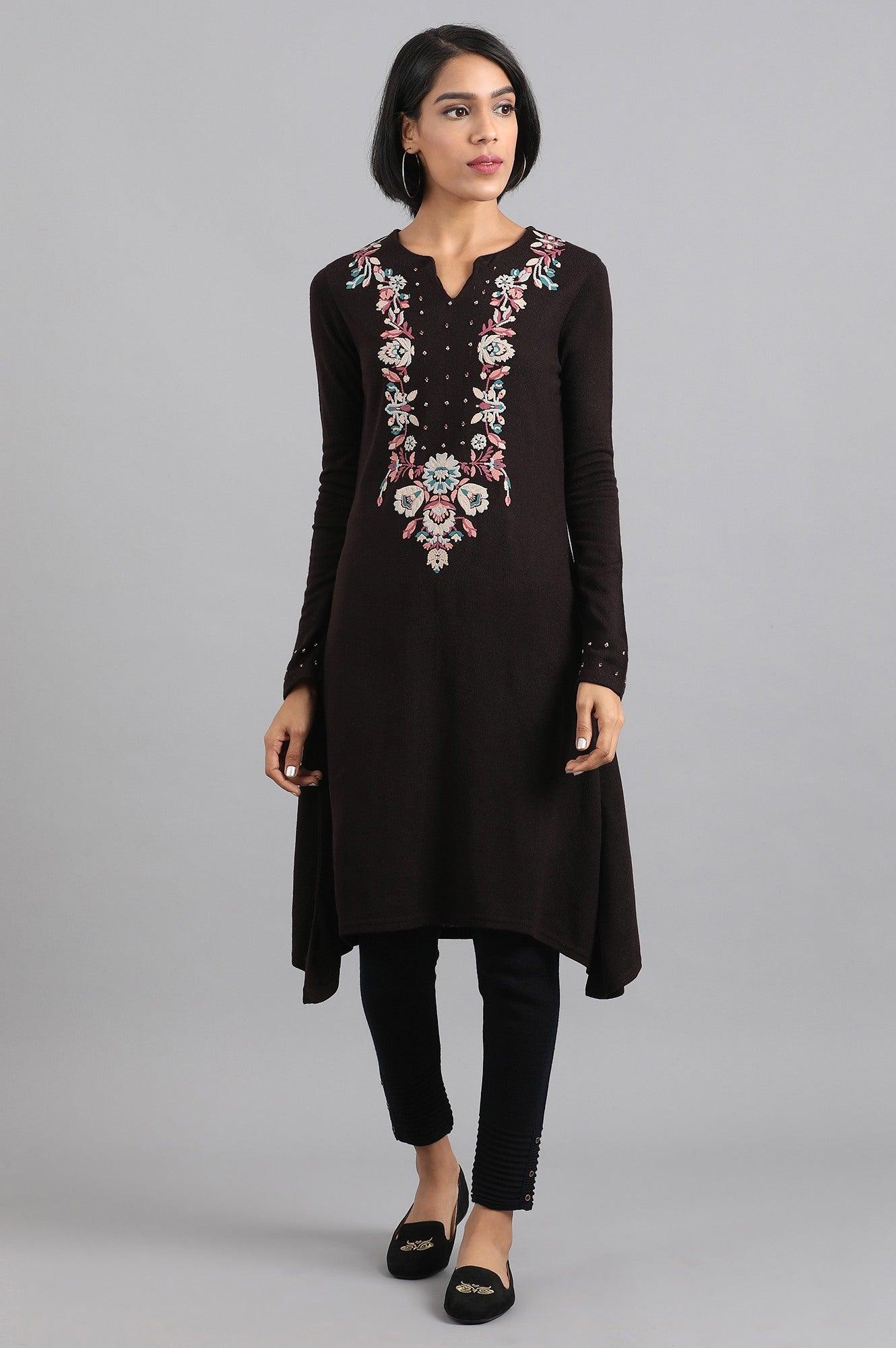 Purple Round Neck Winter kurta - wforwoman