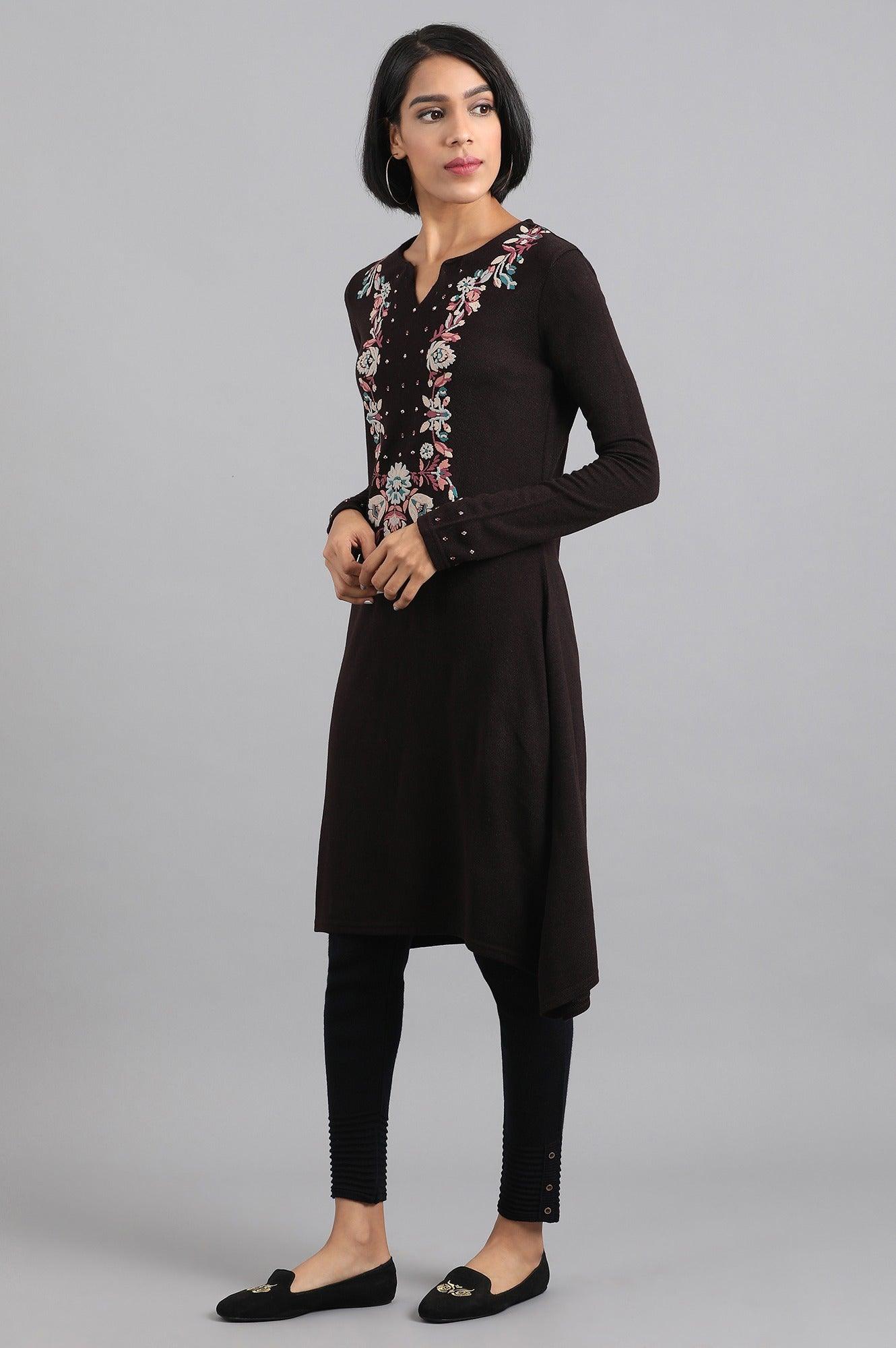 Purple Round Neck Winter kurta - wforwoman