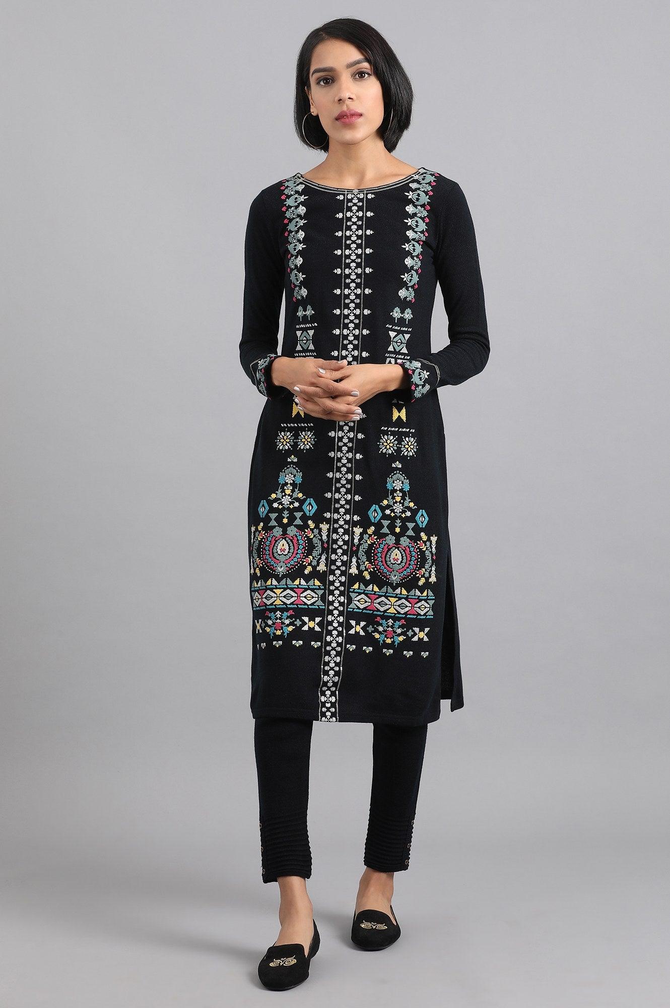 Navy Blue Round Neck Winter kurta - wforwoman