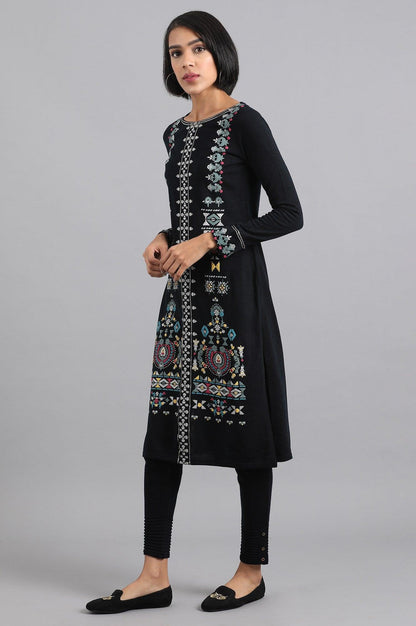 Navy Blue Round Neck Winter kurta - wforwoman