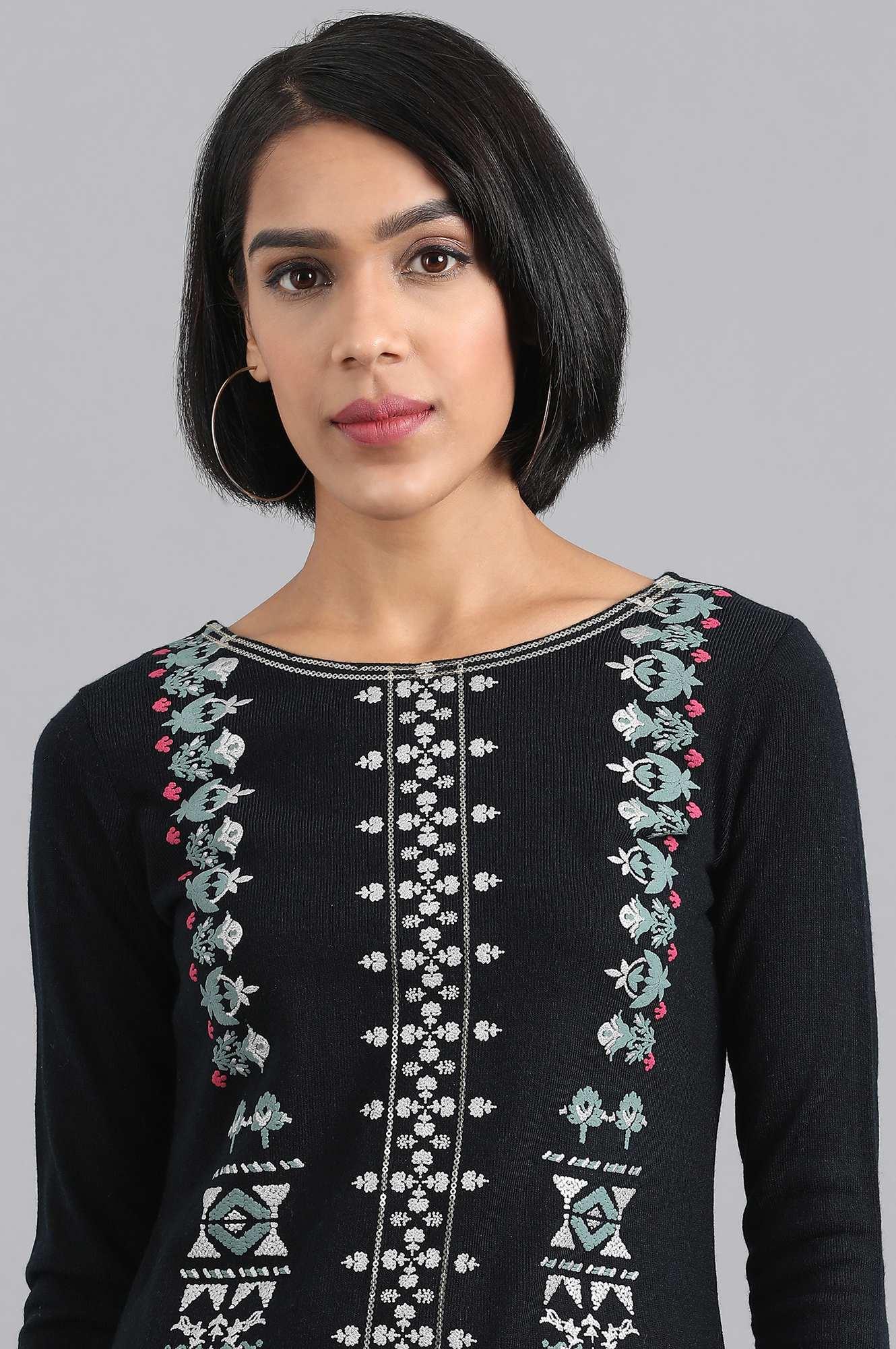 Navy Blue Round Neck Winter kurta - wforwoman