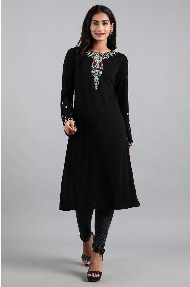 Black Round Neck Winter kurta - wforwoman