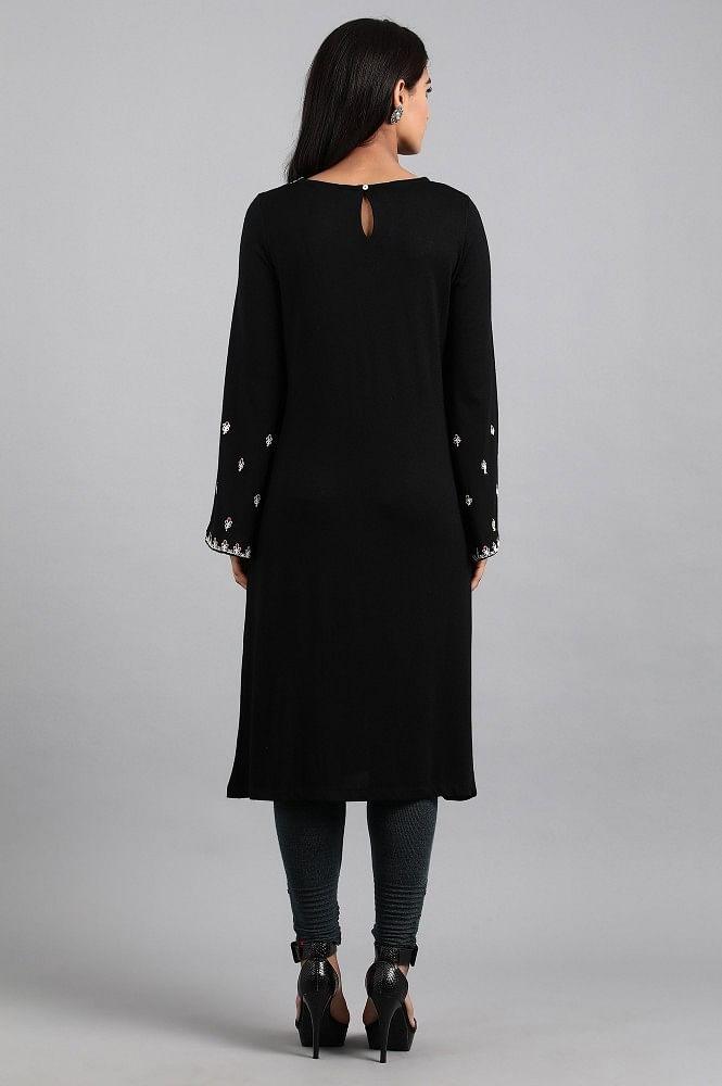 Black Round Neck Winter kurta - wforwoman