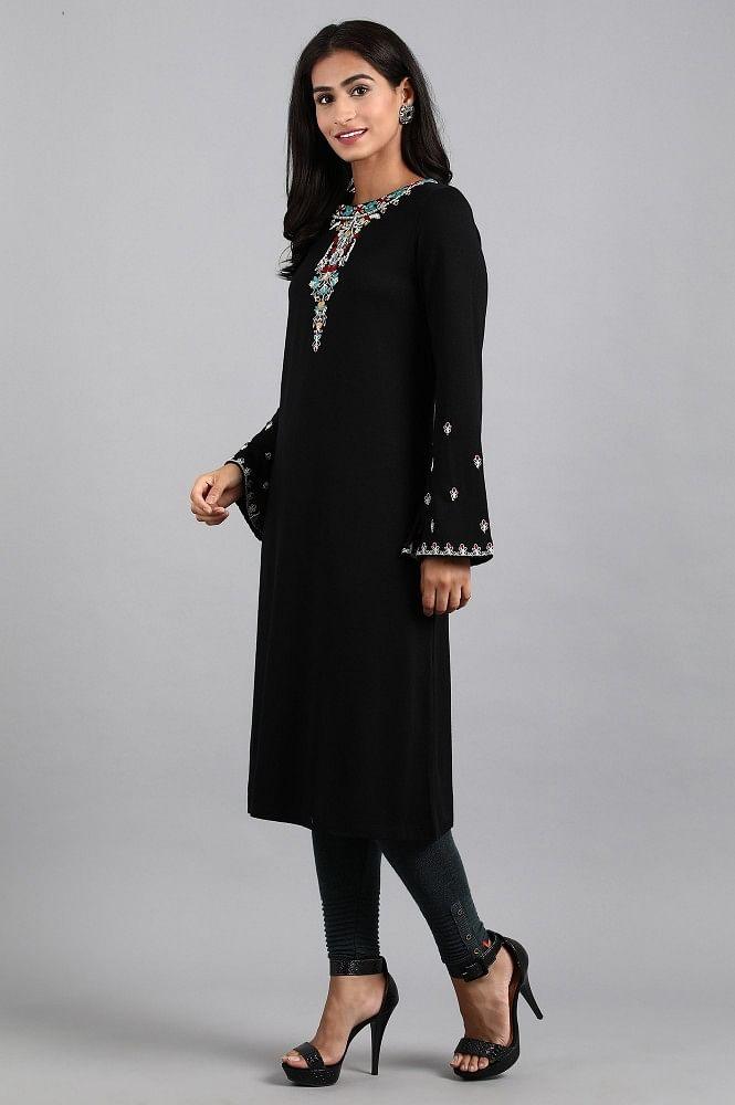 Black Round Neck Winter kurta - wforwoman