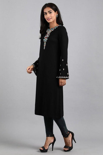 Black Round Neck Winter kurta - wforwoman