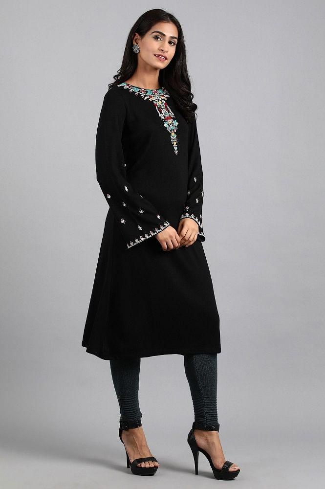 Black Round Neck Winter kurta - wforwoman