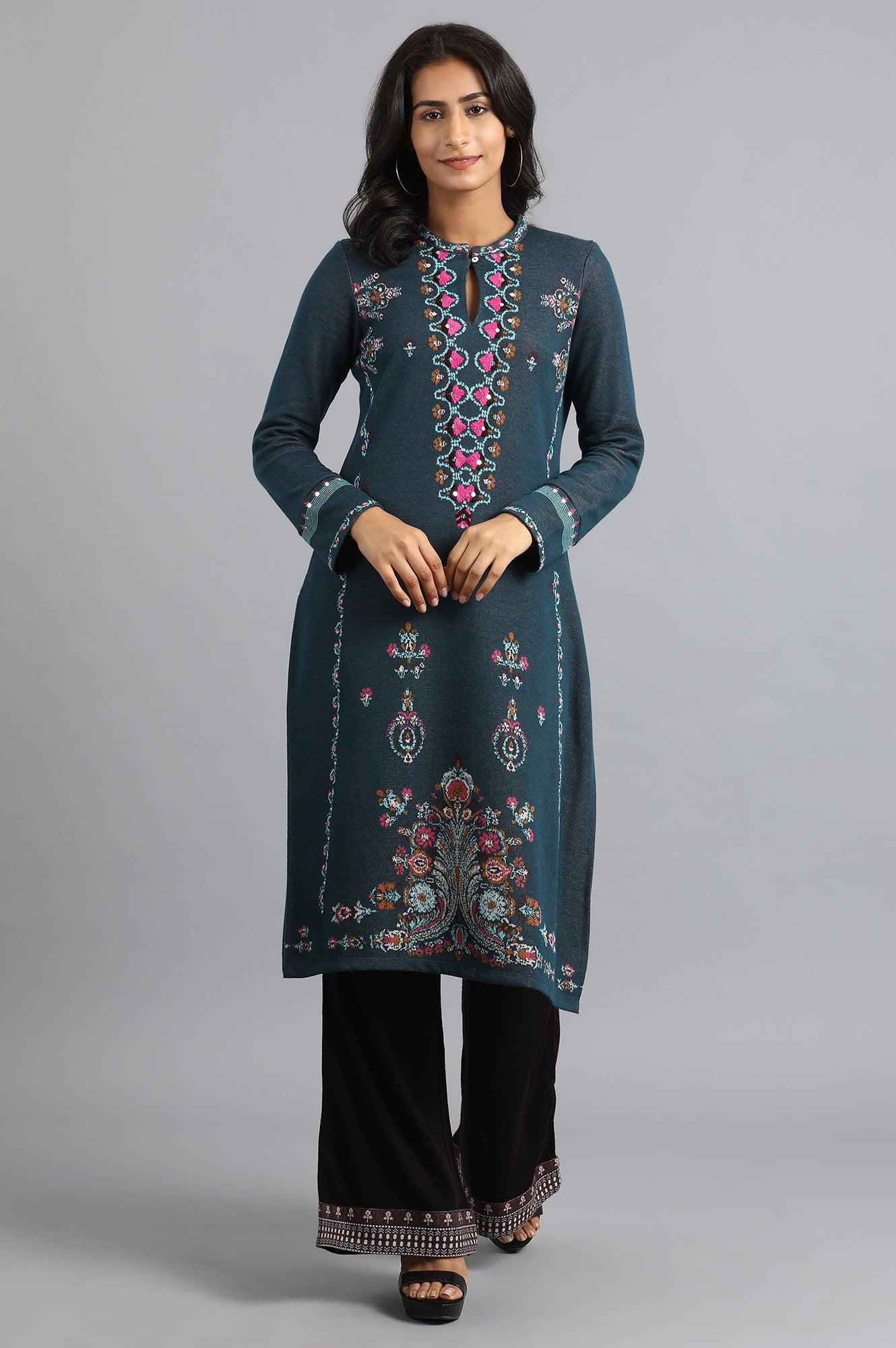 Teal Mandarin Neck Yarn-dyed Winter kurta - wforwoman