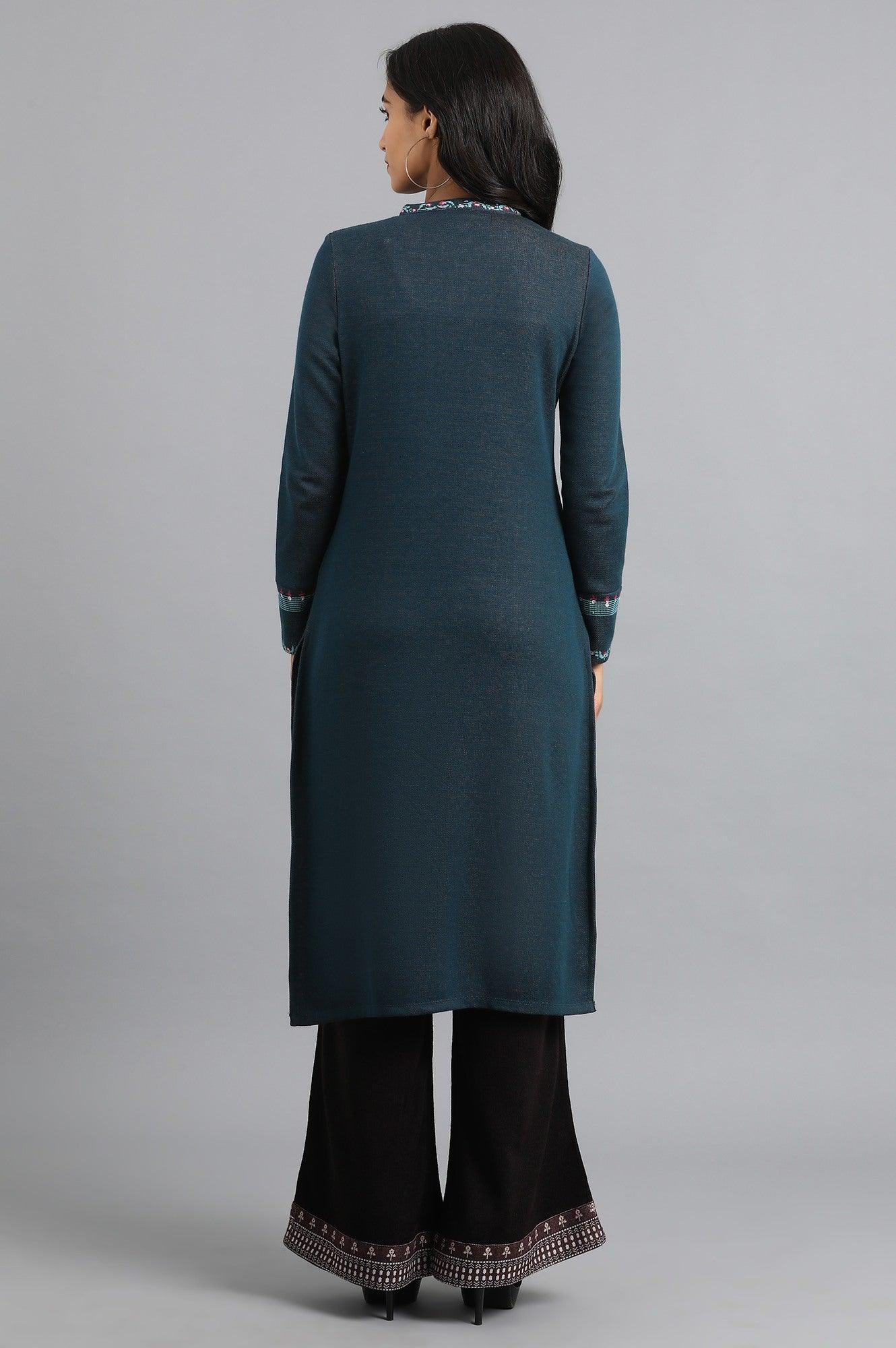 Teal Mandarin Neck Yarn-dyed Winter kurta - wforwoman