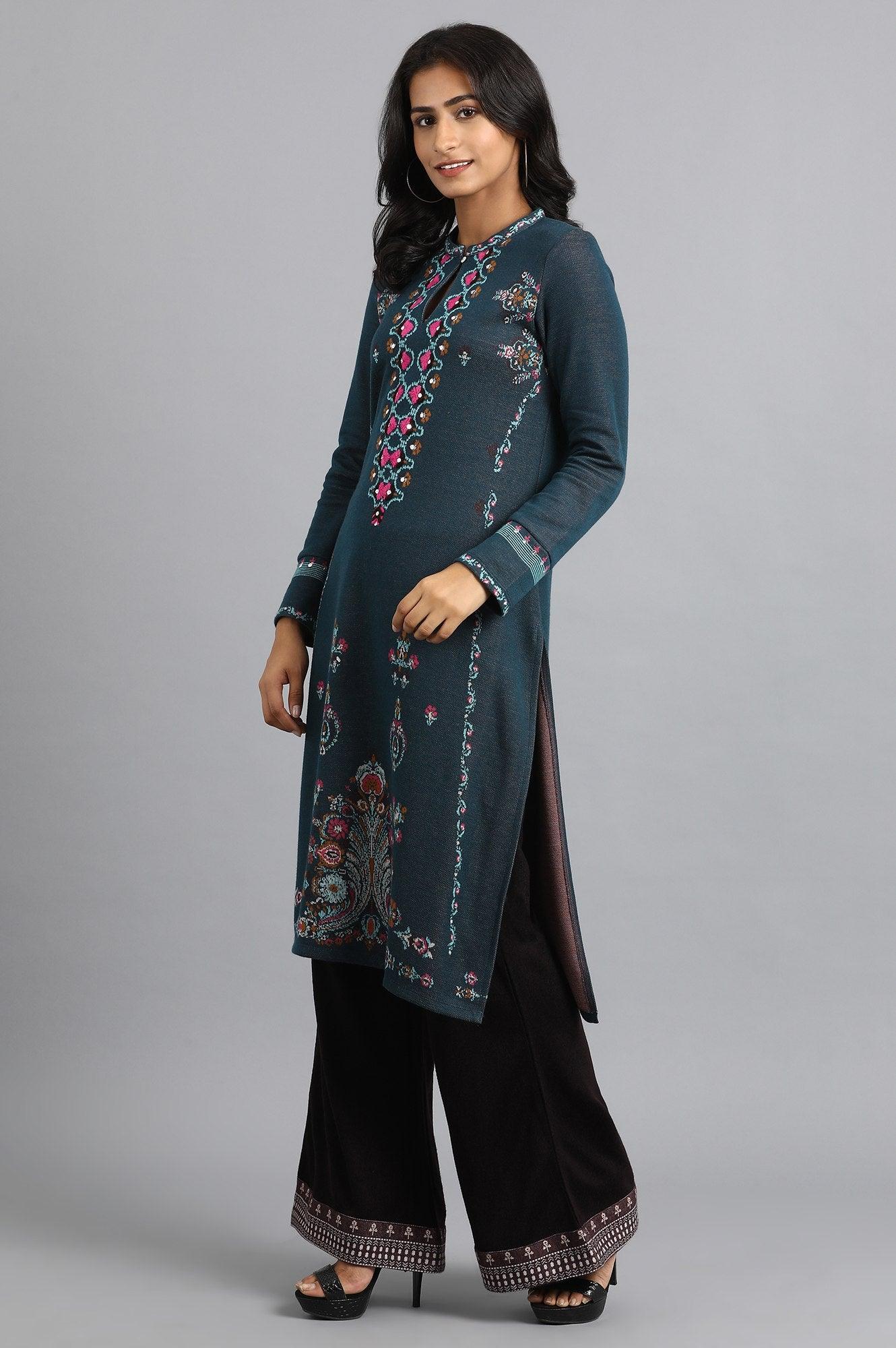 Teal Mandarin Neck Yarn-dyed Winter kurta - wforwoman