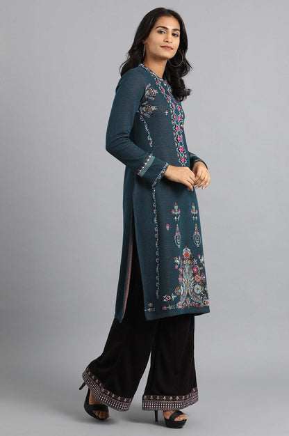 Teal Mandarin Neck Yarn-dyed Winter kurta - wforwoman