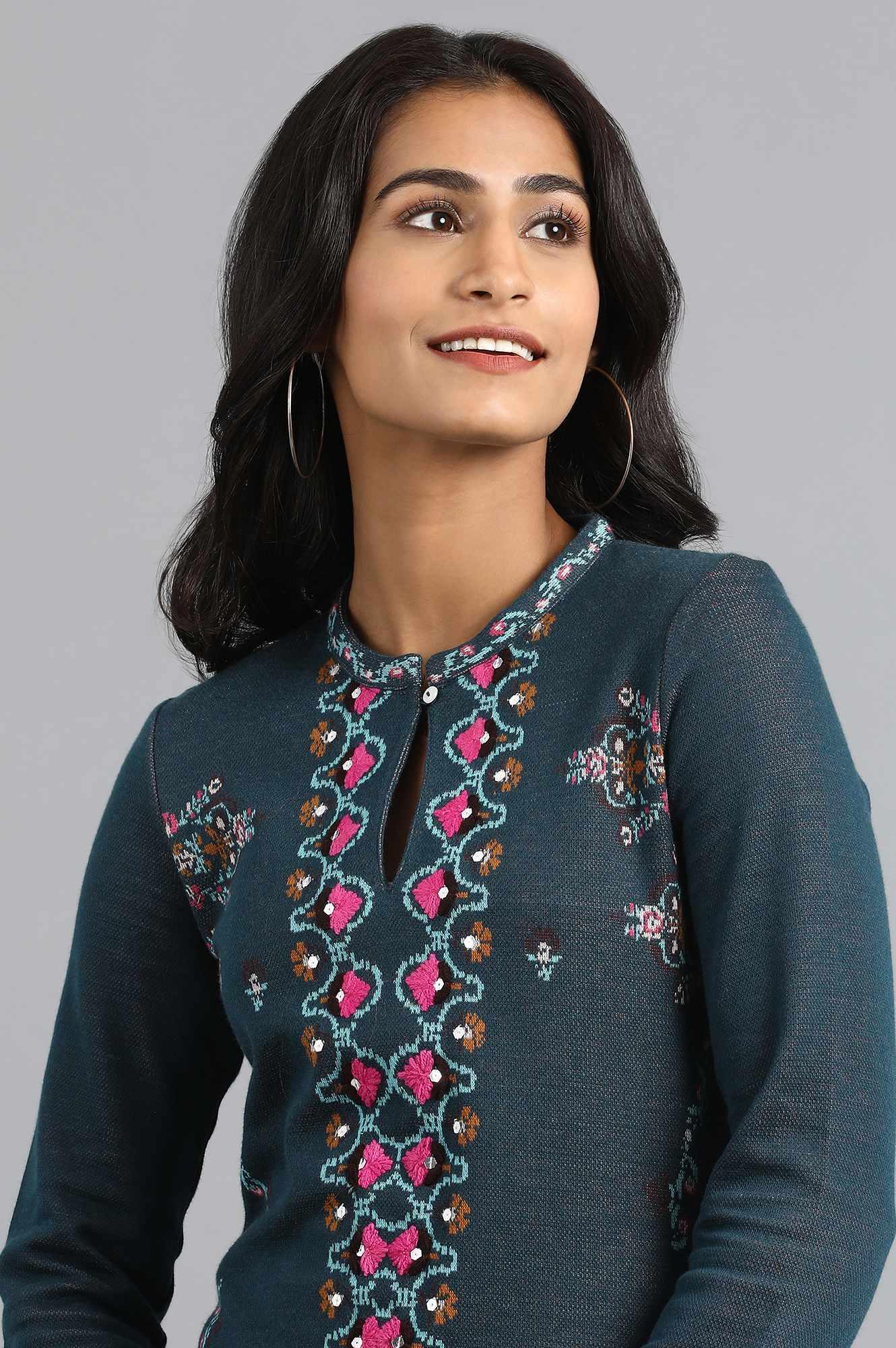 Teal Mandarin Neck Yarn-dyed Winter kurta - wforwoman